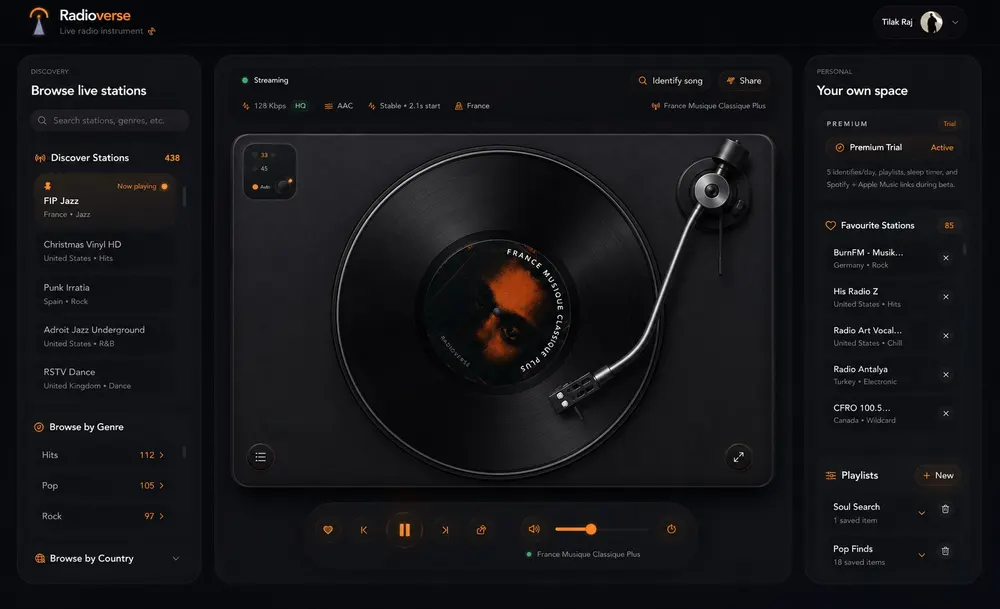 The Radioverse web app: a turntable-style player showing the live station, with station discovery listed on the left and saved stations and playlists on the right.